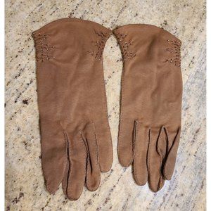 Vtg Size 7.5 L/XL Brown Stretch Hand Stitched Beaded Formal 10" Gloves Shalimar